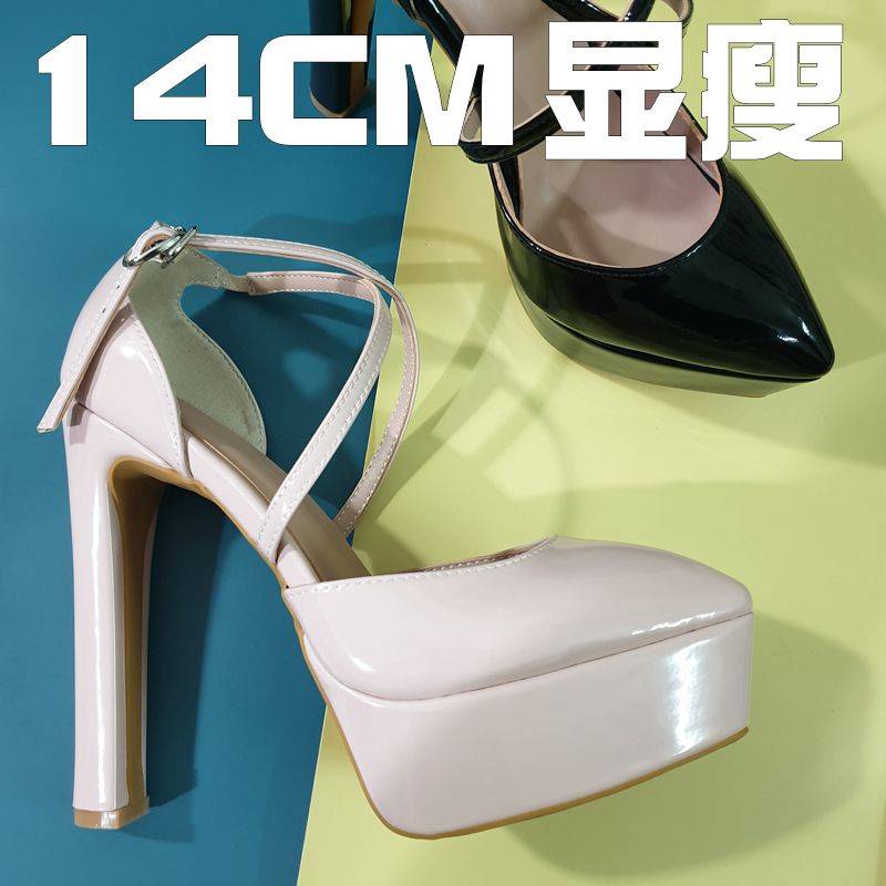 超高跟尖头性感防水台高跟鞋绑带凉鞋裸色真皮婚鞋包头粗跟大小码