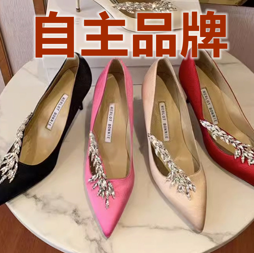 mb婚鞋水钻方扣麦穗高跟鞋尖头细跟女鞋绸缎面法式高跟礼服伴娘鞋