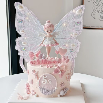 贝拉公主蛋糕装饰摆件芭蕾会摇动带灯刺绣蝴蝶结周岁生日烘焙插件
