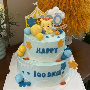 蓝色龙宝宝生日蛋糕装饰100 天百日宴甜品台马戏团帐篷花朵小插件