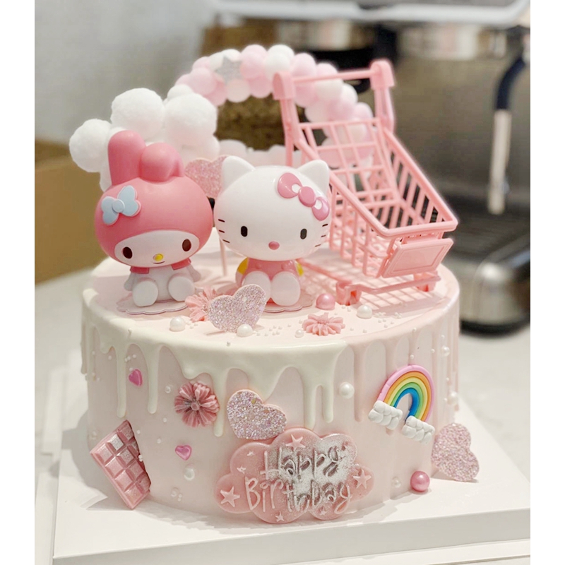 美乐蒂KT猫hellokitty猫咪蛋糕装饰插件粉色小推车子拱门毛球插件