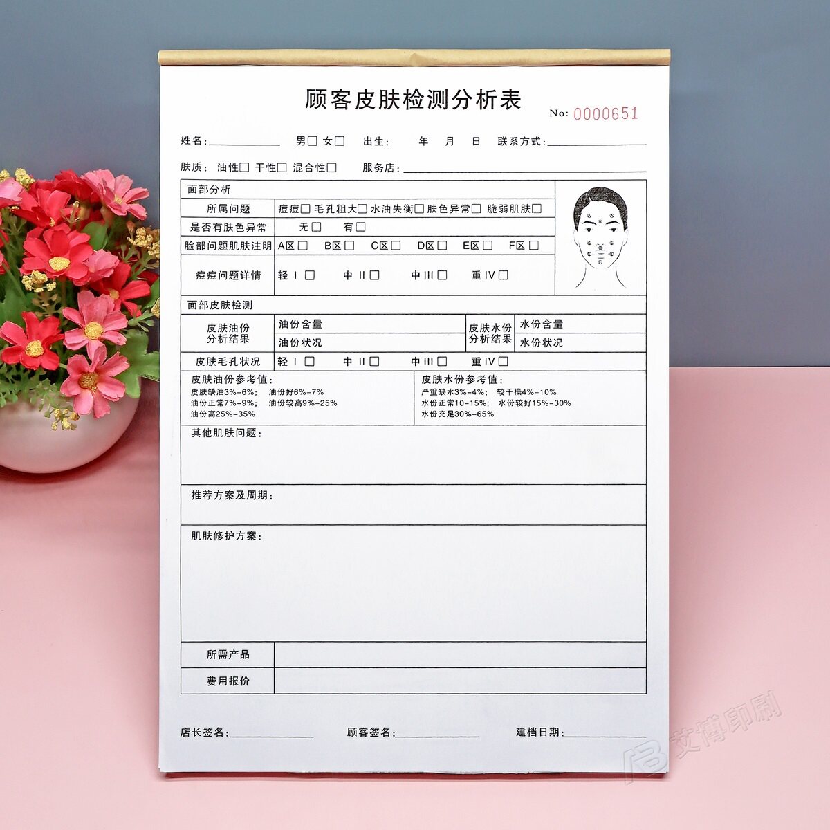 美容院皮肤测试分析表定制二联