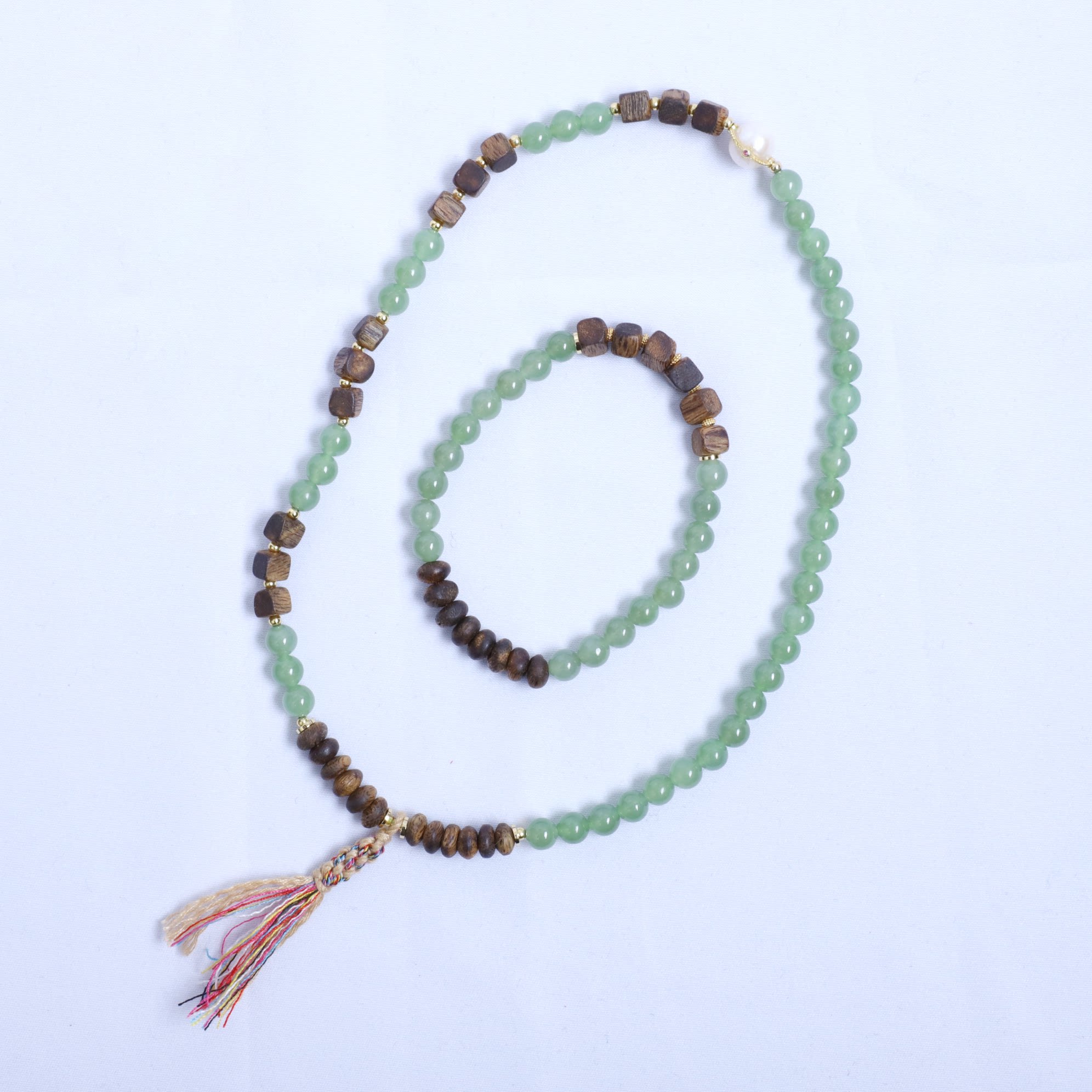 6mm碧玉双圈手链搭配奇楠沉香珍珠镶嵌纯手工手工玉米结编绳单圈