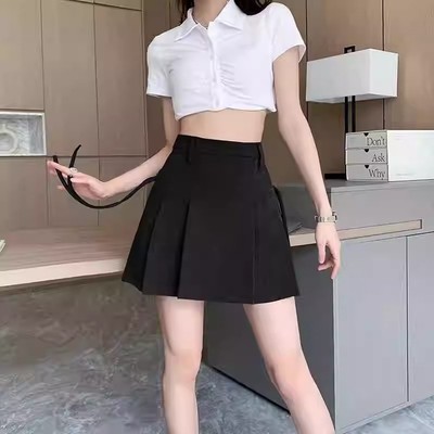 黑色梨型身材显瘦半身裙女夏新款高腰a字裙大码小个子百褶短裙子