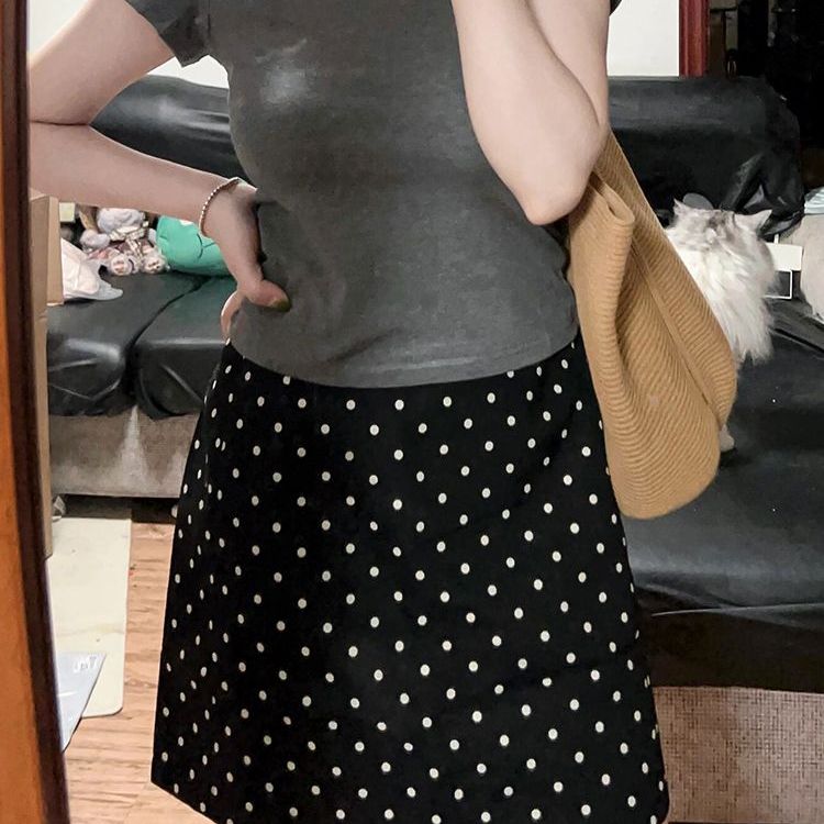 胖mm高腰波点防走光a字短裙子ins