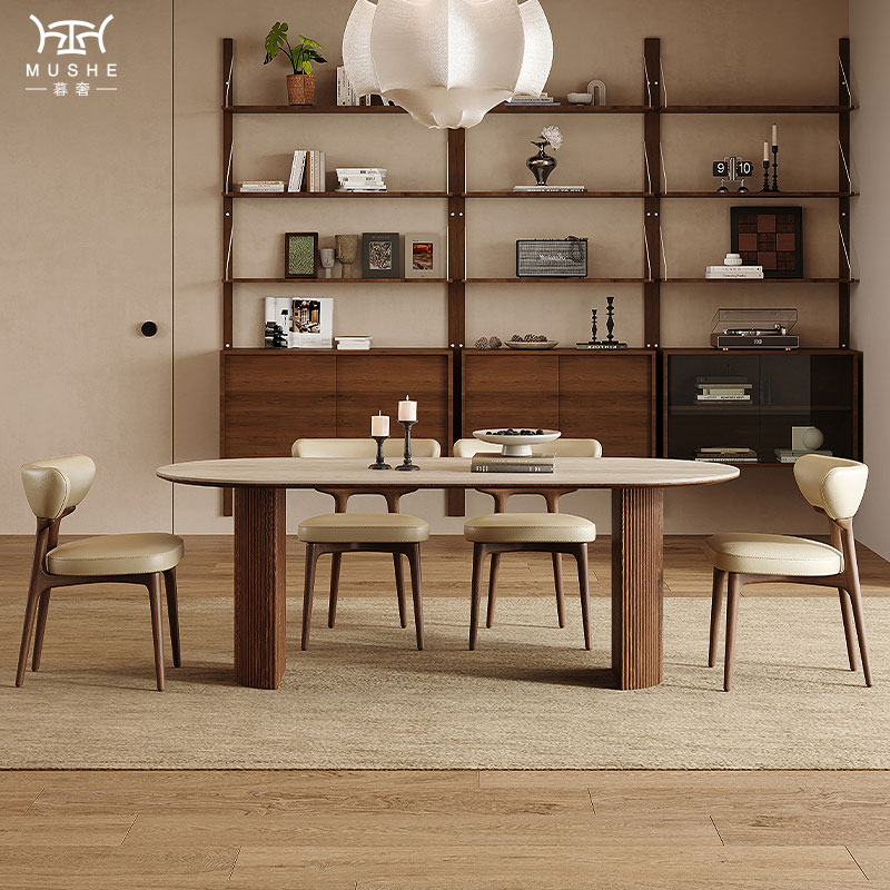 暮奢法式复古洞石岩板餐桌椭圆形实木餐桌中古风家用吃饭餐桌