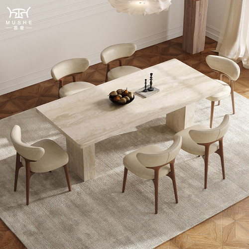 暮奢法式复古洞石岩板餐桌椅组合现代家用设计师样板房中古餐桌-封面