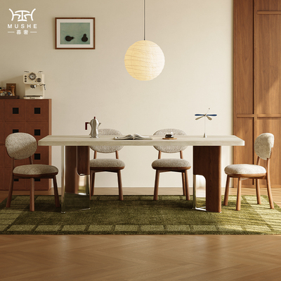 暮奢复古洞石岩板餐桌椅组合