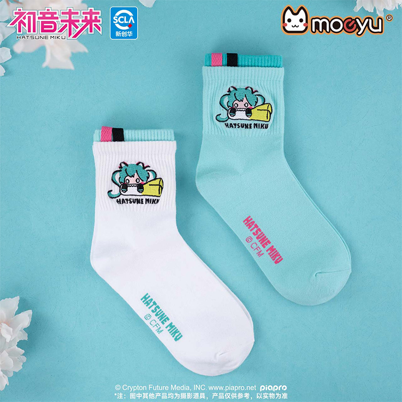 moeyu初音未来咬咬系列袜子女中筒夏季透气长袜学院风运动袜周边