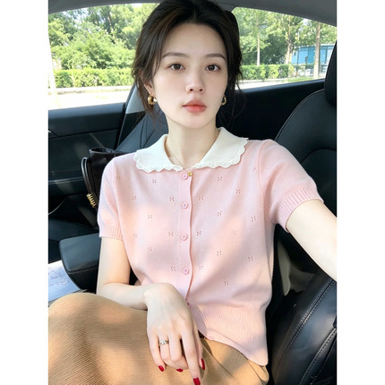 韩系风减龄撞色针织短袖T恤女夏季新款娃娃领纽扣洋气超好看上衣