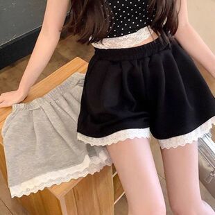 设计感蕾丝花边白色短裤女休闲运动裤夏季宽松阔腿裤百搭三分裤子