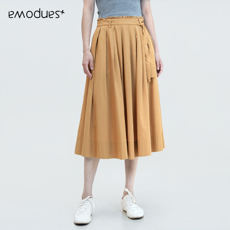 emodues通勤风高腰系带半身裙女中长款百搭显瘦A字裙卡其色