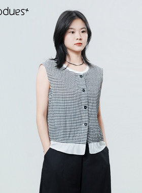 法式甜美格纹蕾丝无袖马甲女