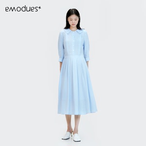 emodues/衣魔得思秋季新款法式七分袖通勤百搭显瘦蓝色连衣裙