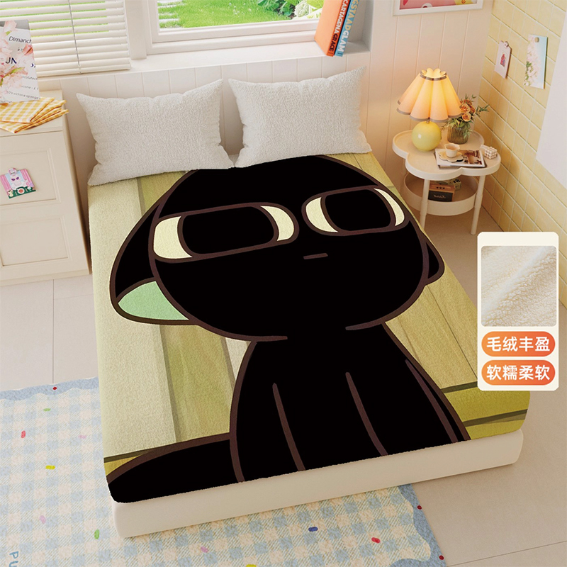 冬季罗小黑防滑保暖床笠单件儿童卡通加绒床罩家用卧室加厚床垫套
