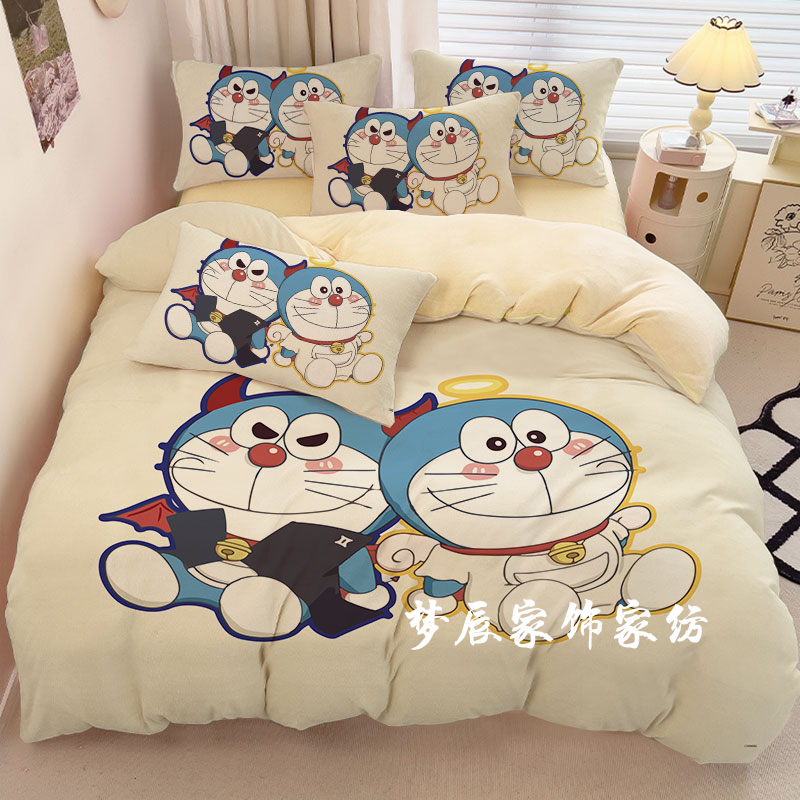 哆啦A梦婴肤绒四件套叮当猫宿舍三件套机械猫加绒床单被套可定制