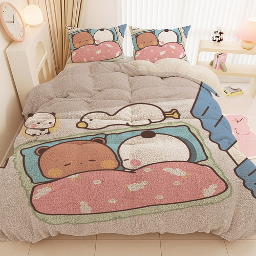 秋冬季北极绒四件套一二布布加绒被罩枕套宿舍寝室保暖加厚三件套