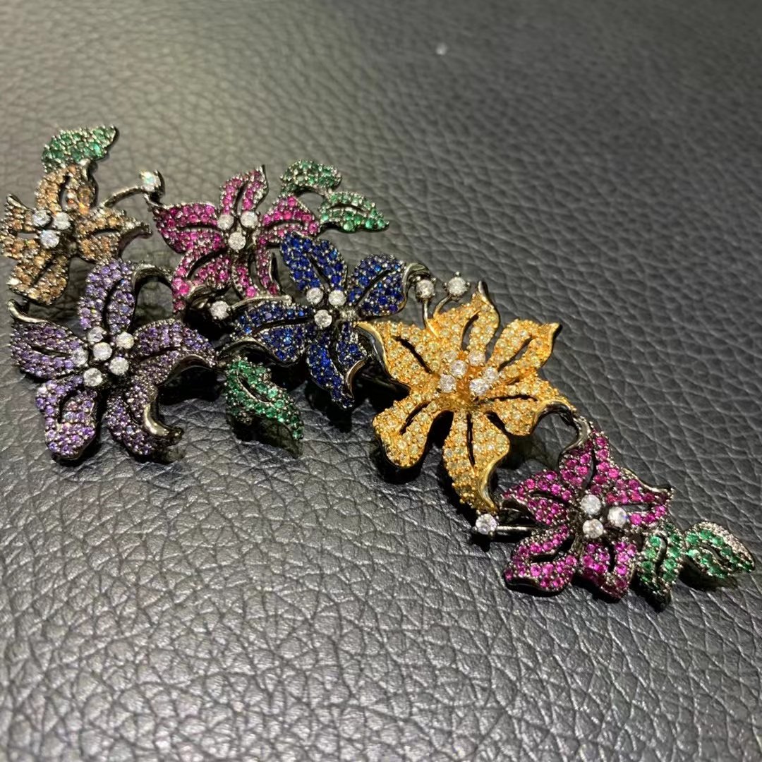 复古繁花彩色花朵胸针925纯银锆石高档85*42MM