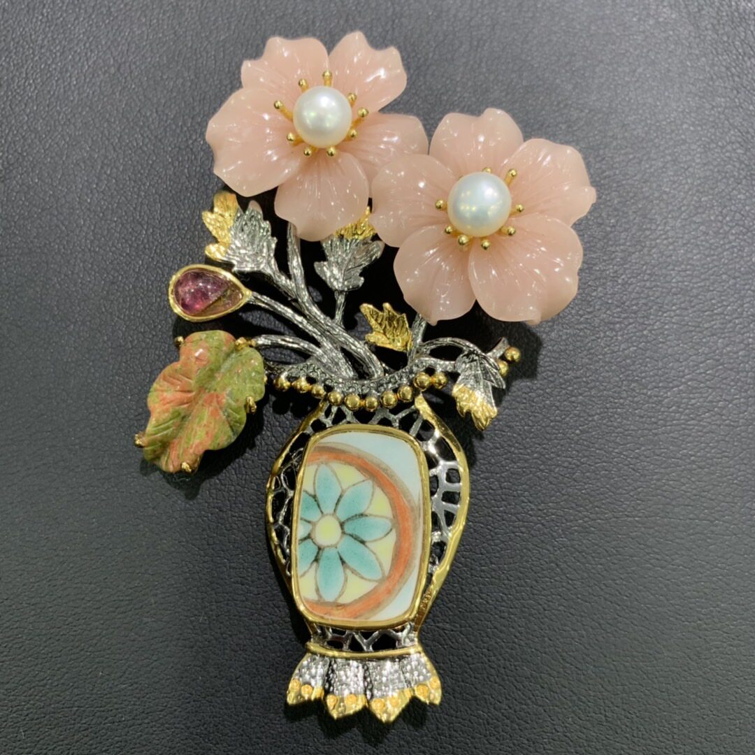 天然珍珠和玉髓花朵花瓶胸针吊坠双用 925纯银 陶瓷 彩色 复古
