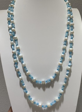天然异形淡水珍珠和蓝水晶混合毛衣链长款项链120CM 俏立