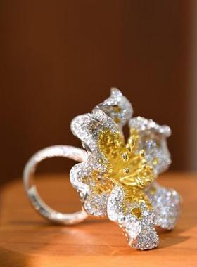 925纯银镶锆石花朵食指戒鸡尾酒会戒指可调节戒圈俏立