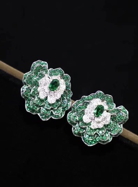 绿色锆石耳钉多层925纯银25*27MM 气质 高档