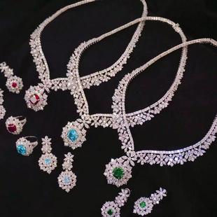 高档锆石项链耳环戒指套装晚会Party新娘婚礼首饰套装  925纯银