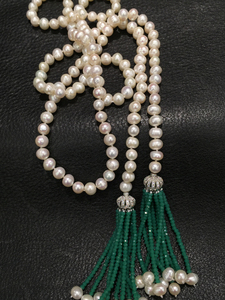 7-8MM 天然珍珠毛衣链项链绿色流苏项链开口围巾链 近圆