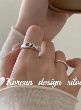 韩国东大门小众设计银饰品 S925纯银紫黄锆石爱心戒指叠戴饰品批
