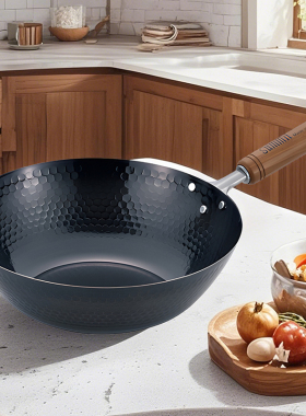 日本制造Summit 锤目纹中华炒锅 精铁铁锅导热均匀 无涂层爆炒锅