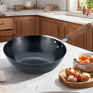 日本制造Summit 锤目纹中华炒锅 精铁铁锅导热均匀 无涂层爆炒锅