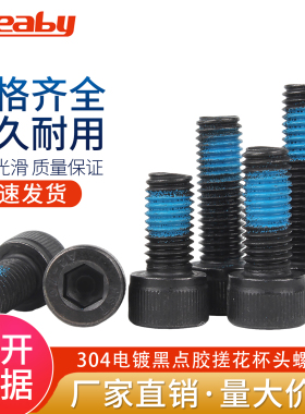 304不锈钢杯头内六角点胶螺丝黑色圆柱头防松防震螺栓涂蓝胶螺钉