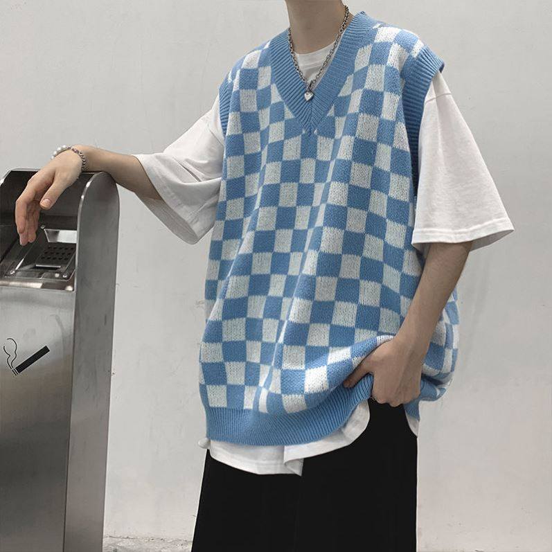 针织马甲男春秋季潮牌ins棋盘格V领毛线背心港风宽松无袖坎肩外套