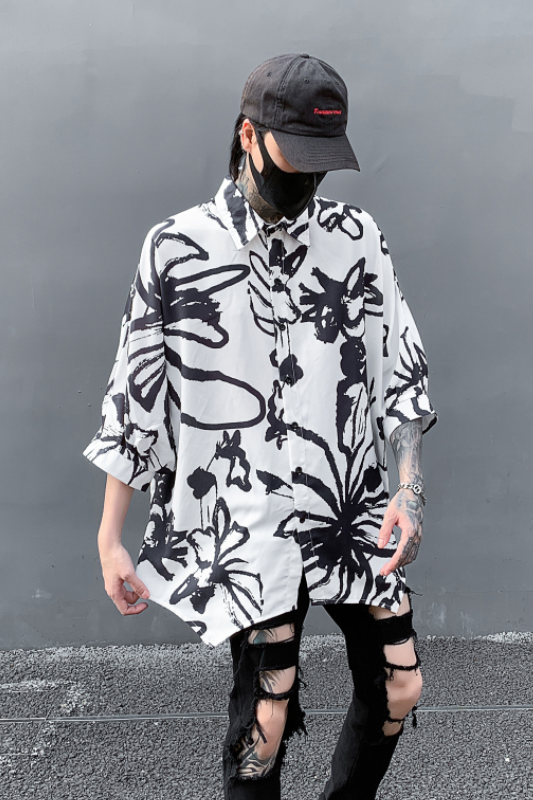 夏季男士休闲短袖衬衫潮流水墨印花宽松大码衬衣外套C252P85,男装T恤,星座101A-3