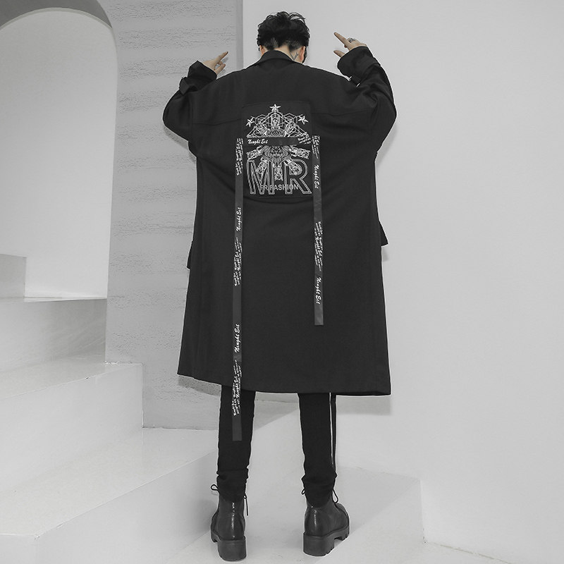 山本风秋冬男中长款风衣宽松织带暗黑潮牌时尚休闲男装 F407 P105图片