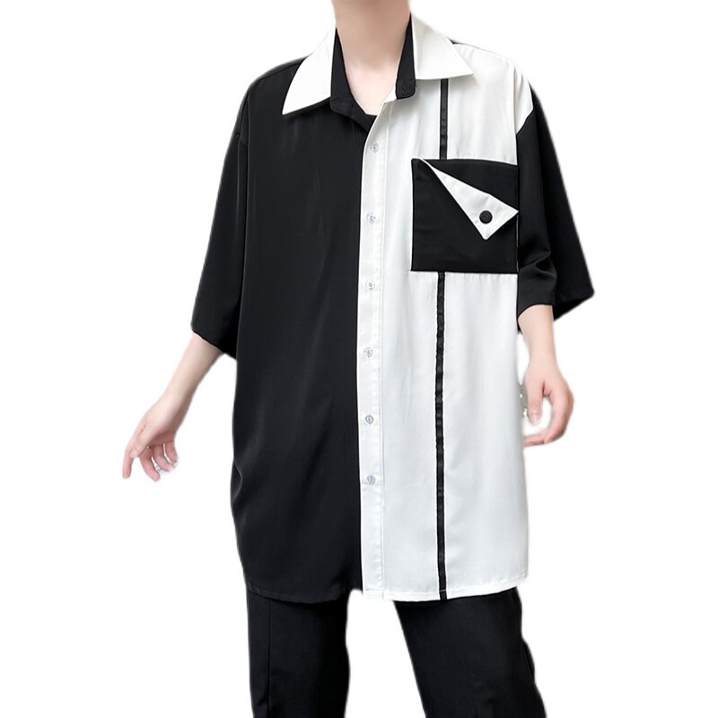夏季新款男士宽松衬衫潮流黑白拼色半袖衬衣外穿C266P85,男装T恤,星座101A-3