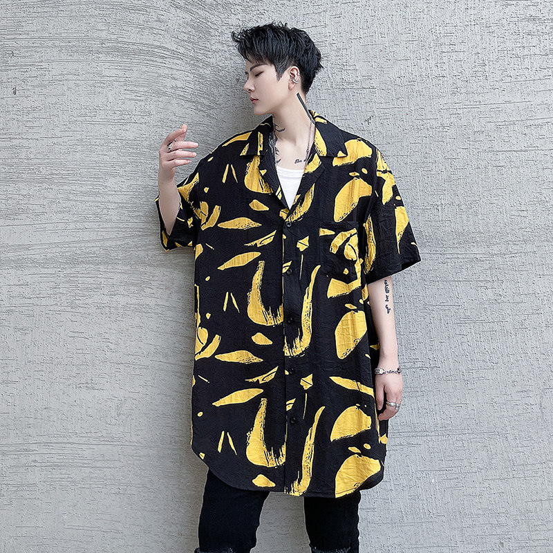 春夏季短袖衬衫男印花炸街潮流宽松青春发型师潮搭衬衣 C235 P65图片