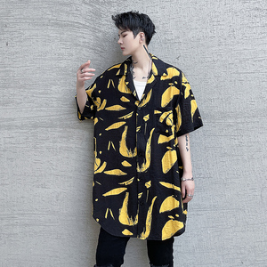 春夏季短袖衬衫男印花炸街潮流宽松青春发型师潮搭衬衣 C235 P65图片