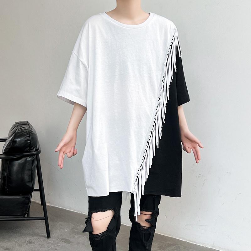 夏季男士短袖T恤流苏黑白拼色宽松圆领半袖上衣潮牌 T683 P75图片