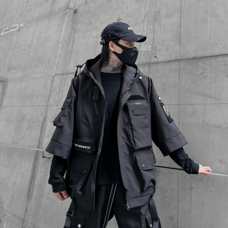 秋冬男暗黑纯色夹克机能风宽松工装潮牌连帽七分袖外套 W357 P185图片
