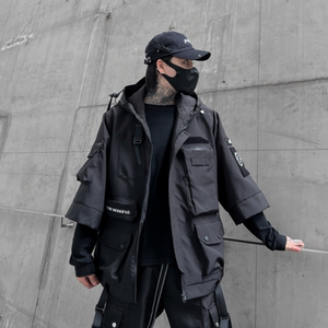 秋冬男暗黑纯色夹克机能风宽松工装潮牌连帽七分袖外套 W357 P185图片