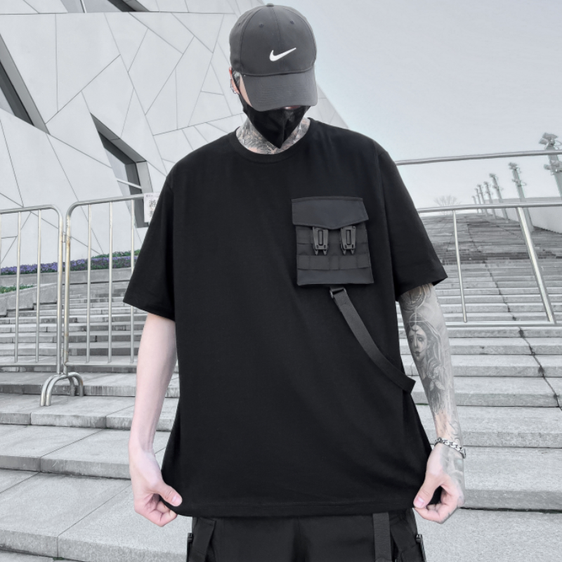 暗黑机能工装立体袋装饰短袖T恤休闲圆领宽松男潮牌打底 T662 P85图片