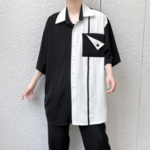 夏季新款男士宽松衬衫潮流黑白拼色半袖衬衣外穿 C266 P85图片
