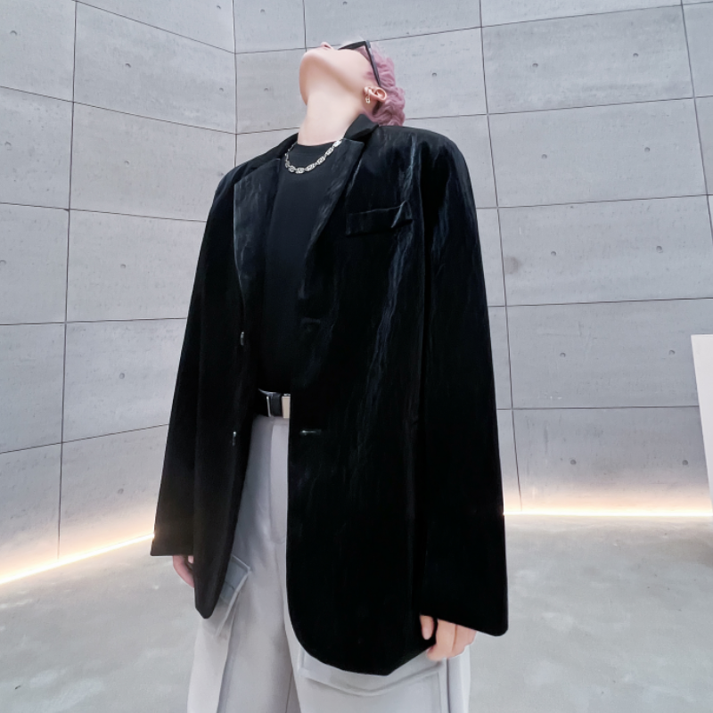 秋冬纯色外套男高级感潮流发型师休闲宽松裂纹皮西服XF20P125,男装西服,星座101A-3