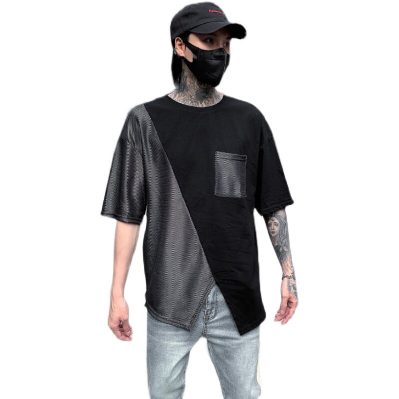 夏季个性拼接不规则下摆宽松男士T恤潮流圆领休闲短袖T617P75,男装T恤,星座101A-3
