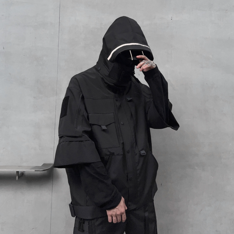 秋冬男暗黑纯色夹克机能风宽松工装潮牌连帽七分袖外套 W367P175图片