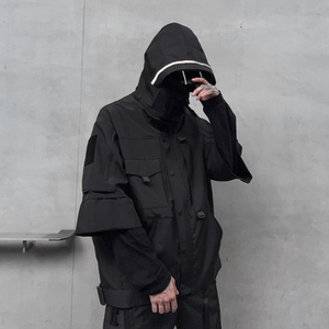 秋冬男暗黑纯色夹克机能风宽松工装潮牌连帽七分袖外套 W367P175图片