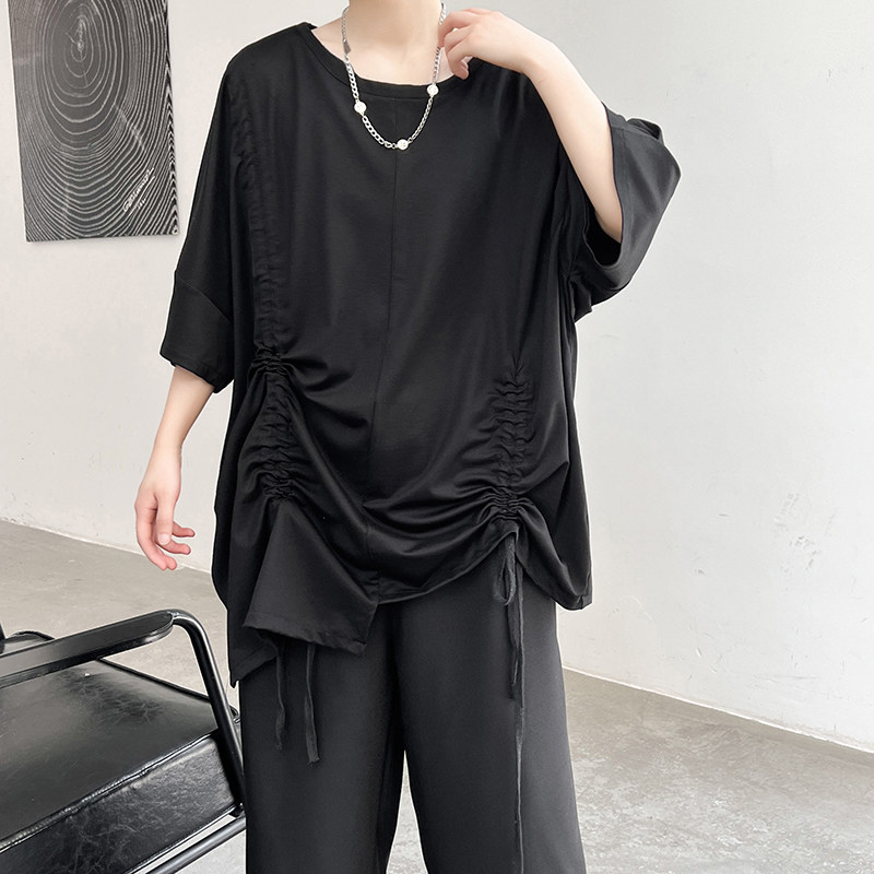 夏季男士短袖纯色圆领时尚宽松T恤抽绳青少年短袖 T658 P75图片