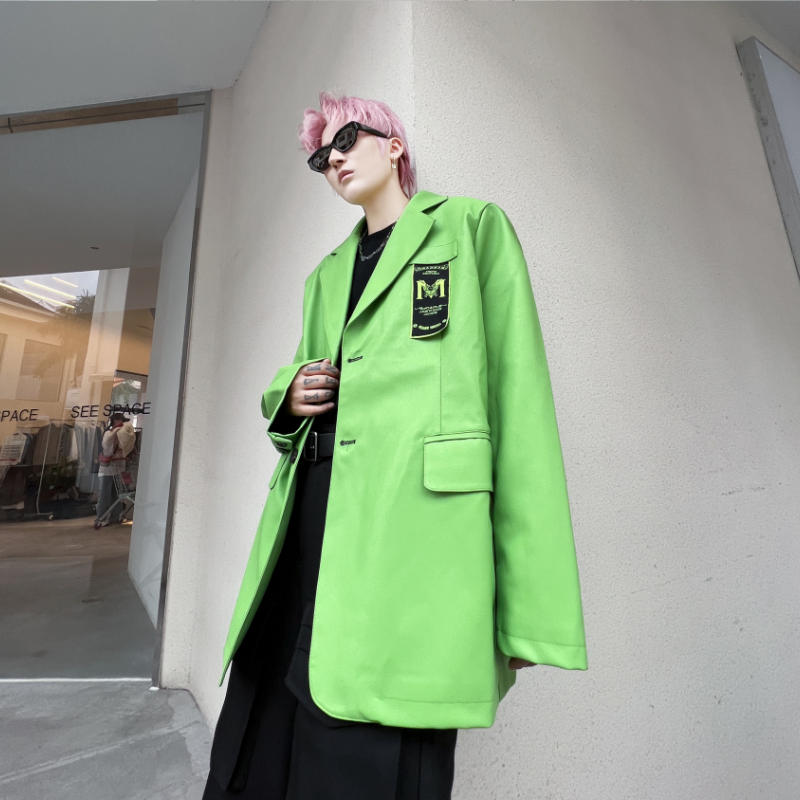 秋冬小西装男宽松潮流炸街帅气荧光绿休闲PU皮西服外套 XF19 P125图片