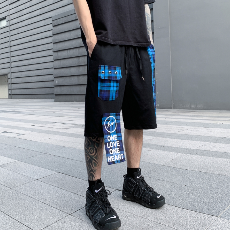 夏季男士休闲短裤潮流嘻哈宽松格子拼接五分直筒裤DK85P65,男装牛仔裤,星座101A-3